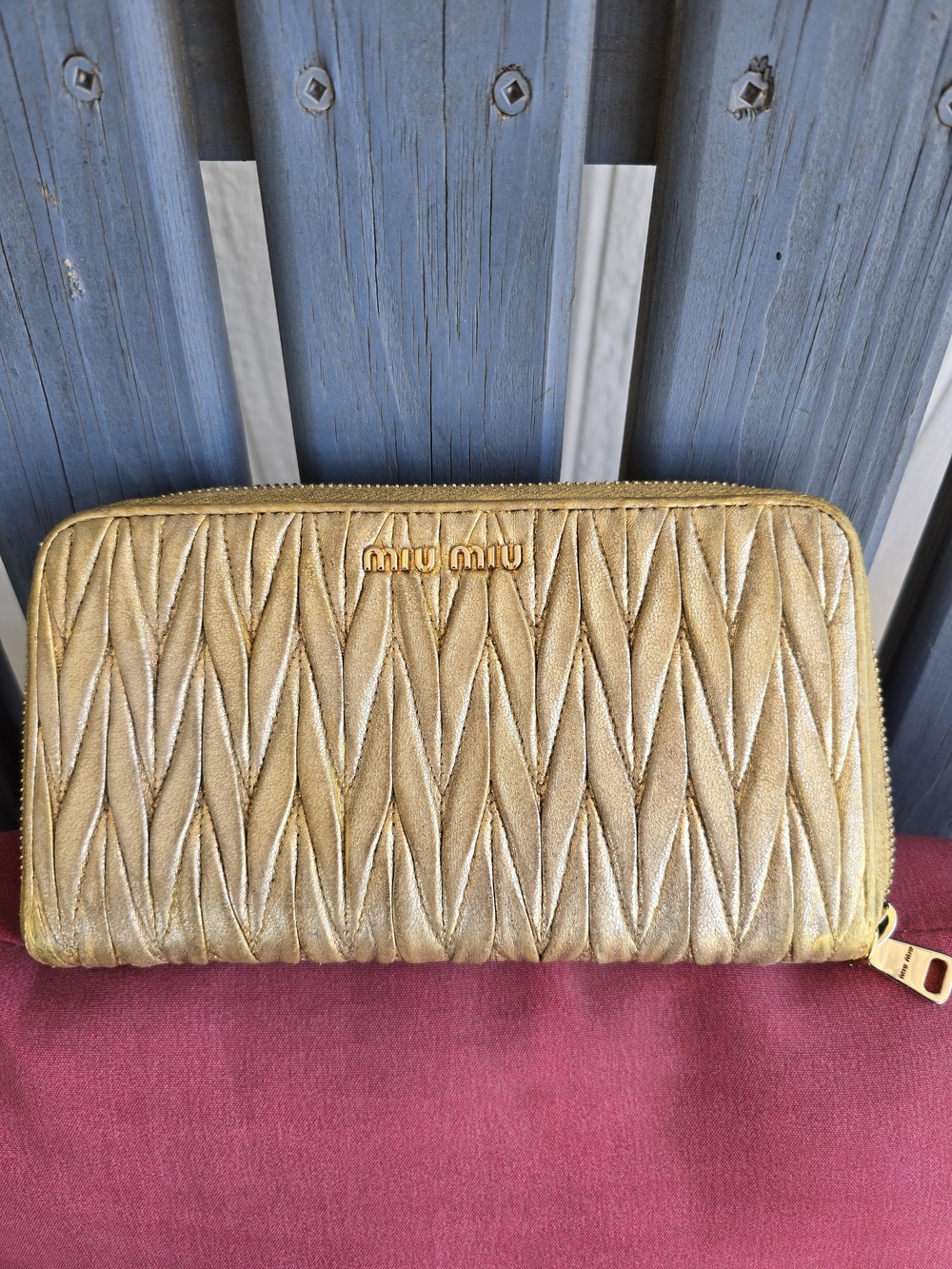 Miu Miu Matelassé Metallic Gold Leather Zip Around Continental Wallet